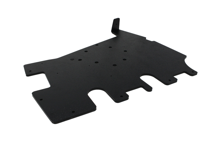 Black powder coated metal mounting plate with pre drilled holes and cutouts