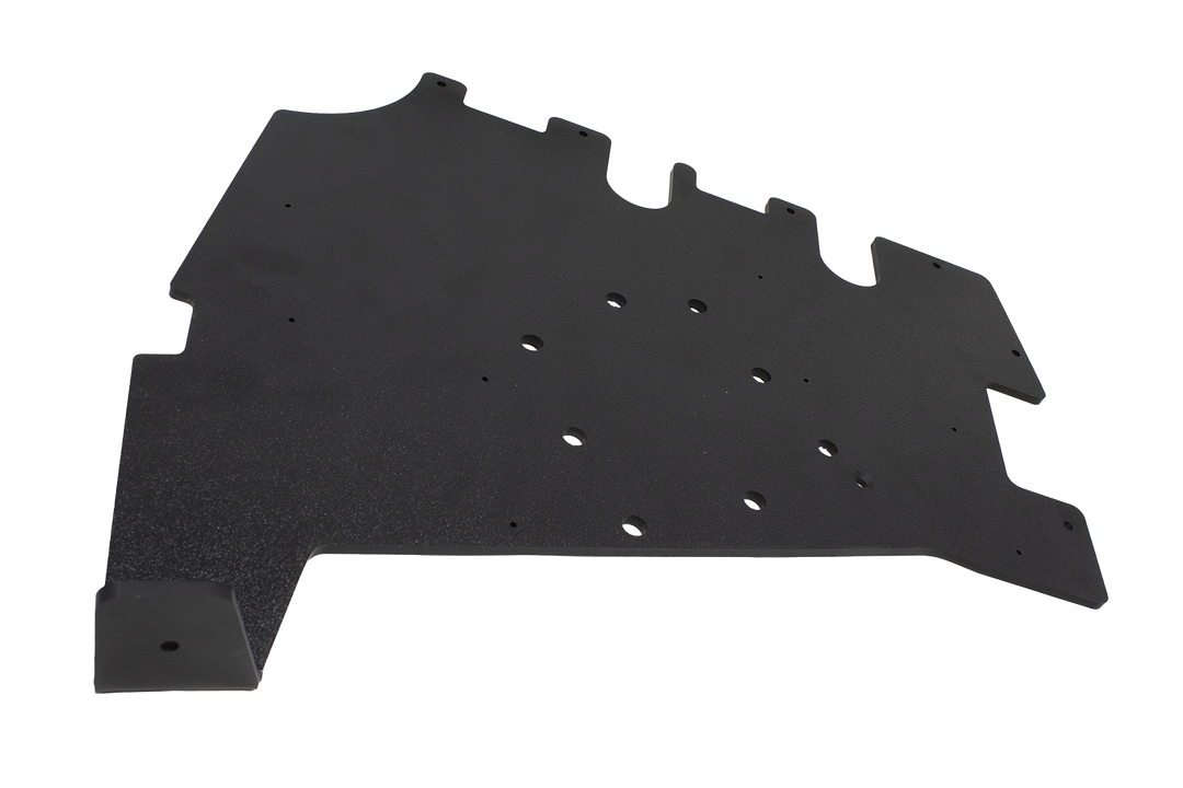 Black textured metal mounting plate with circular cutouts and predrilled holes
