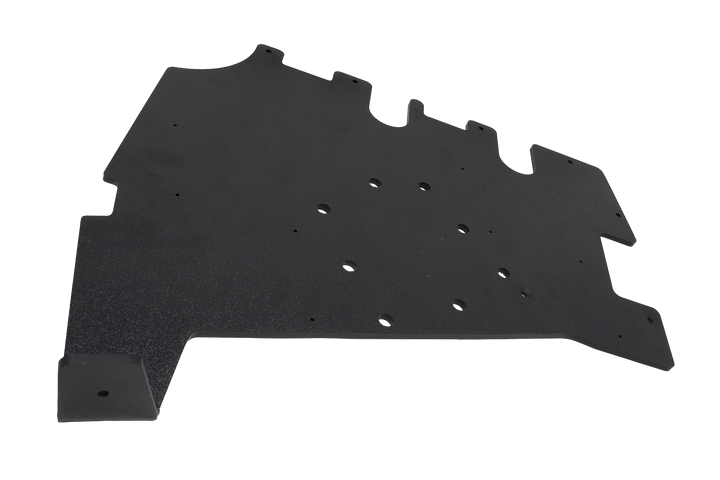 Black textured metal mounting plate with circular cutouts and predrilled holes