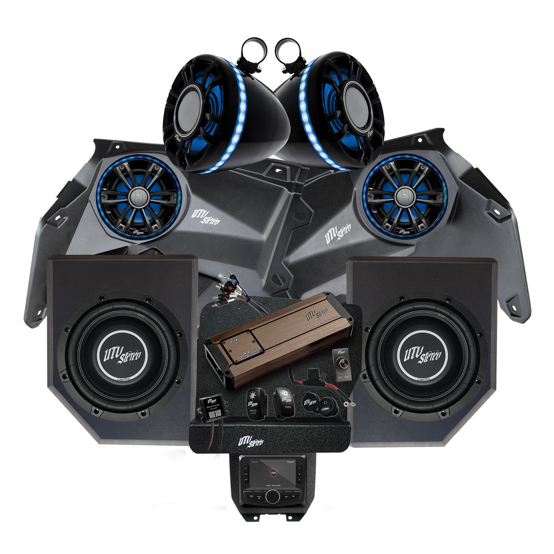 UTV Stereo audio system bundle including speakers, subwoofers, amplifier, and head unit