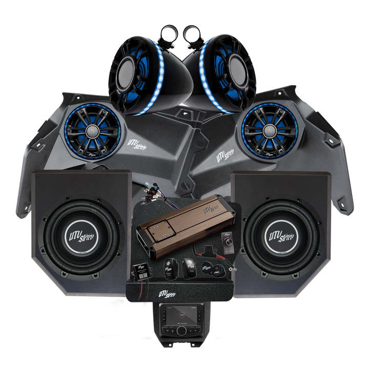 UTV Stereo audio system bundle including speakers, subwoofers, amplifier, and head unit