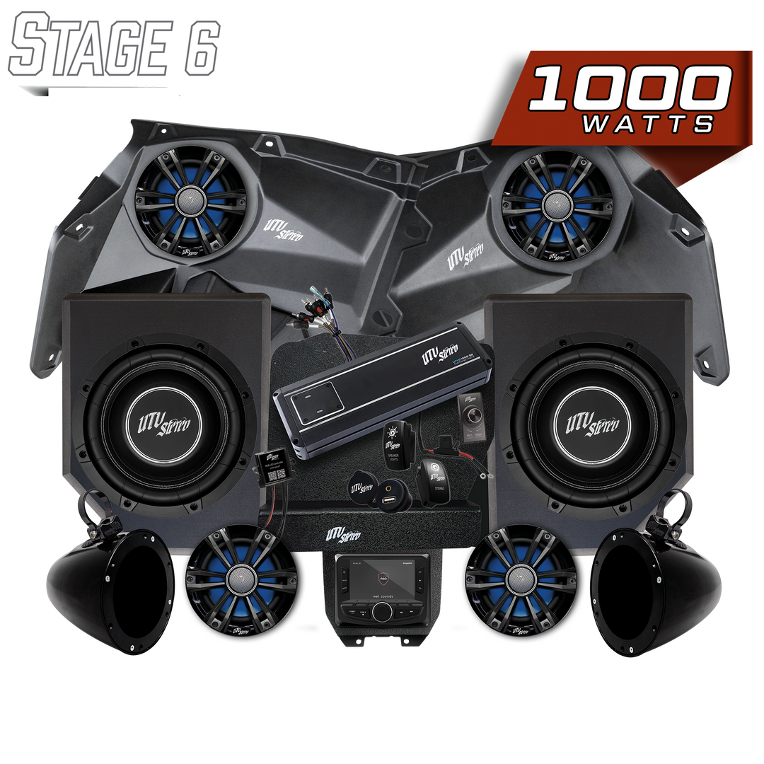 UTV Stereo Stage 6 audio system with speakers, subwoofers, amplifier, and head unit