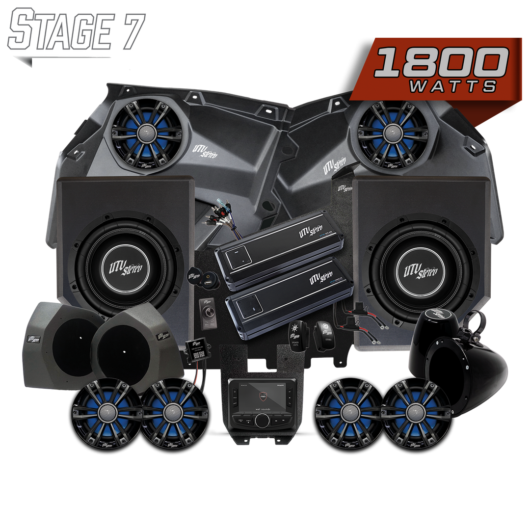 UTV Stereo Stage 7 1800 watt audio system kit including speakers, subwoofers, amplifiers, and head unit