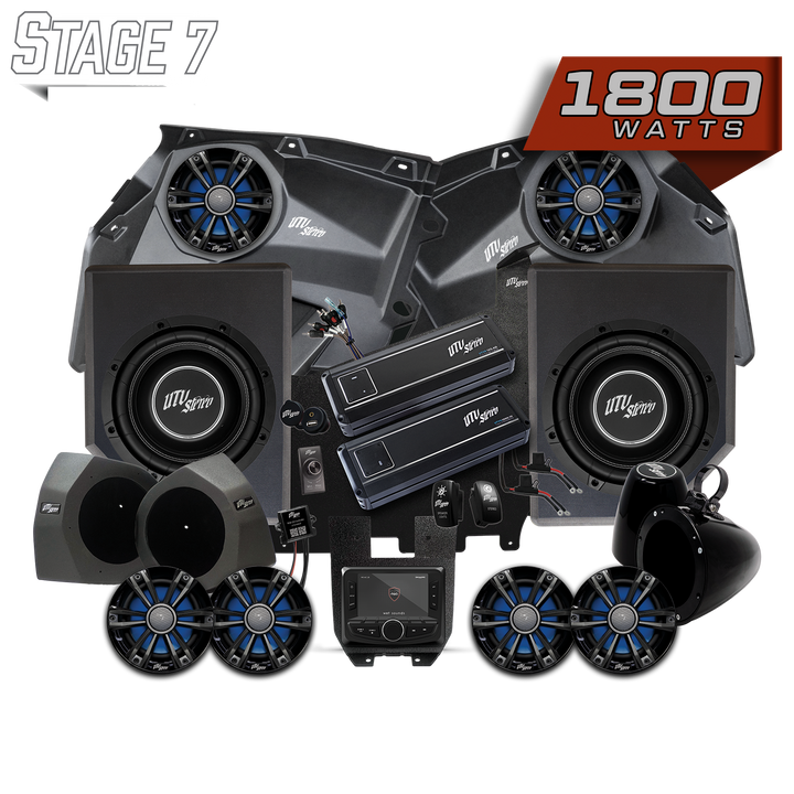 UTV Stereo Stage 7 1800 watt audio system kit including speakers, subwoofers, amplifiers, and head unit