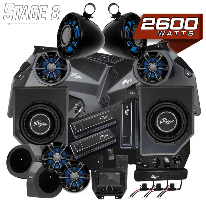 UTV Stereo Stage 8 audio system kit with speakers, subwoofers, amplifiers, and head unit