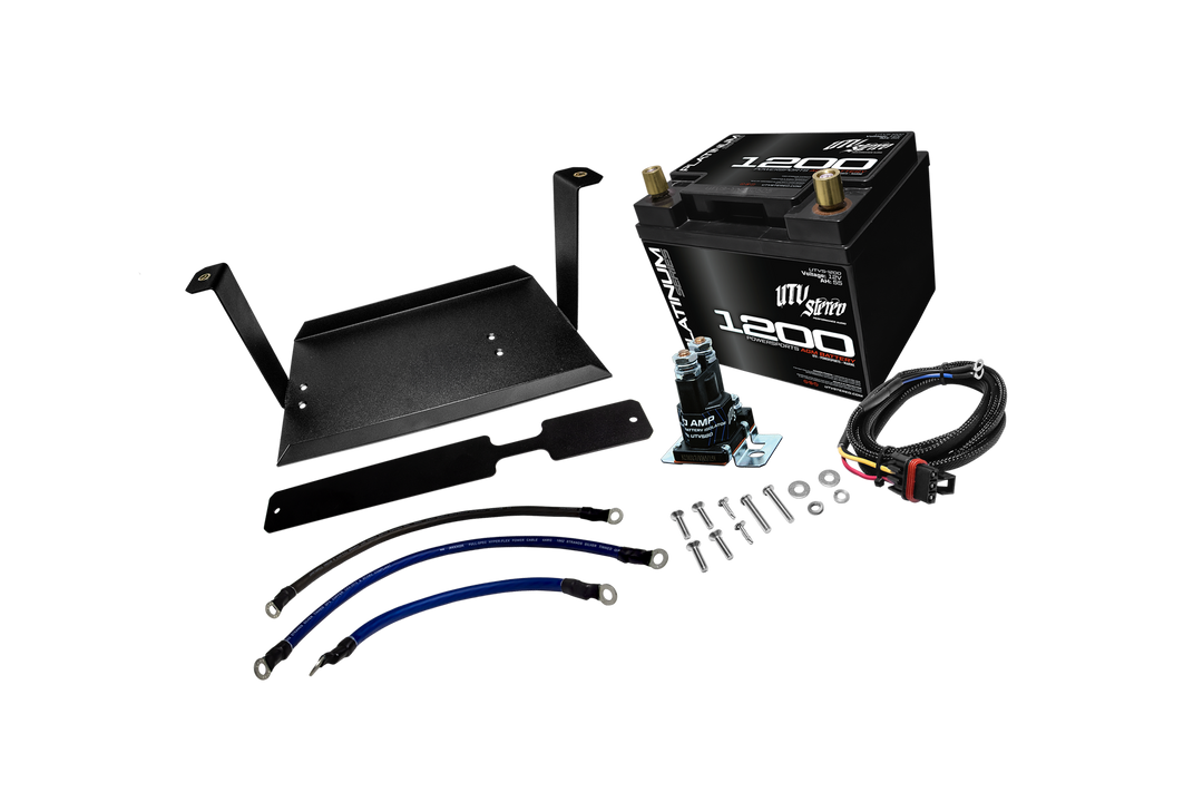 UTV Stereo battery kit with mounting tray, battery isolator, cables, and hardware
