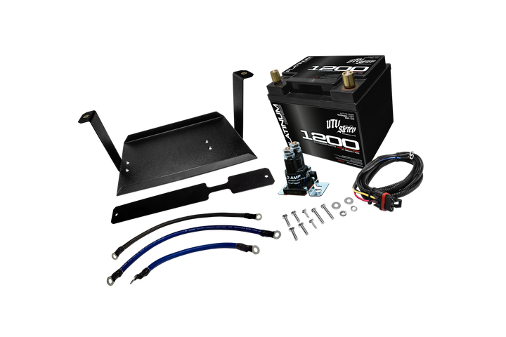 UTV Stereo battery kit with mounting tray, battery isolator, cables, and hardware