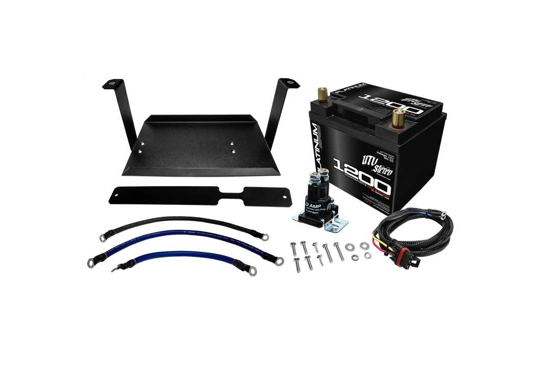 UTV Stereo battery kit with mounting bracket, AGM battery, isolator, cables, and hardware