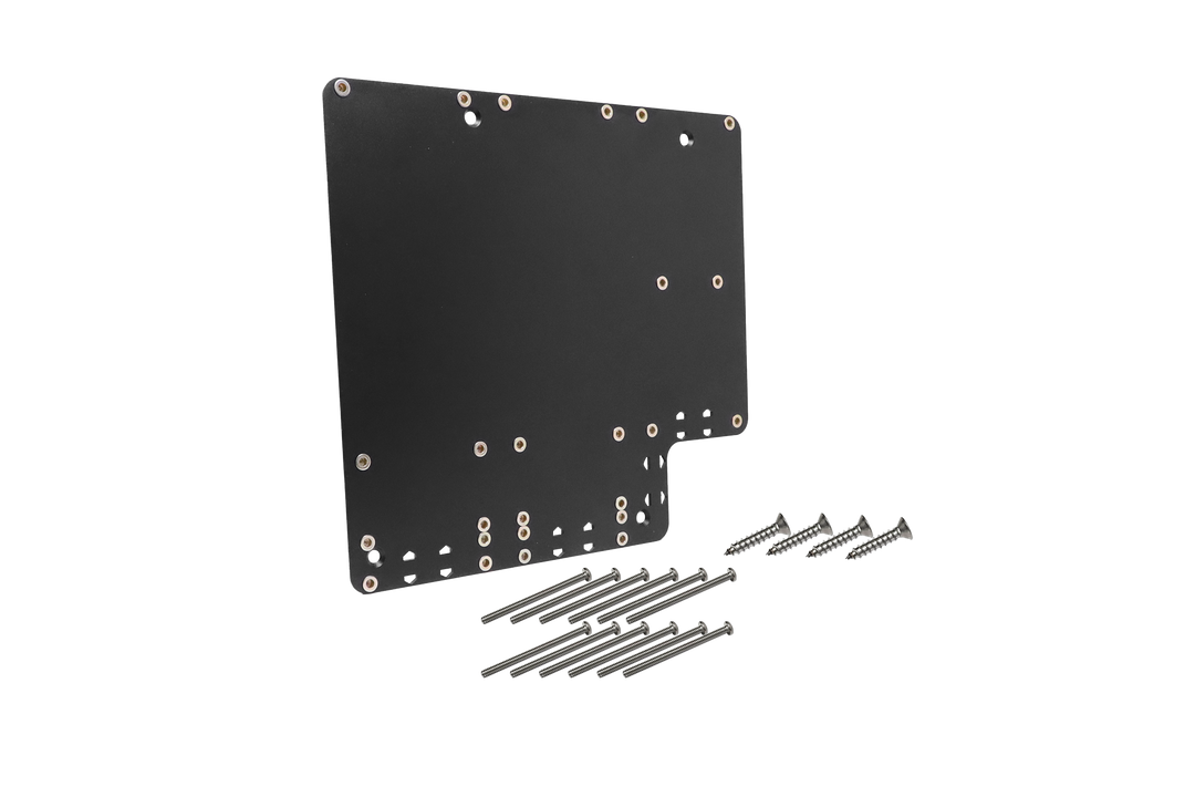 Black metal mounting plate with multiple screw holes and a set of assorted metal screws