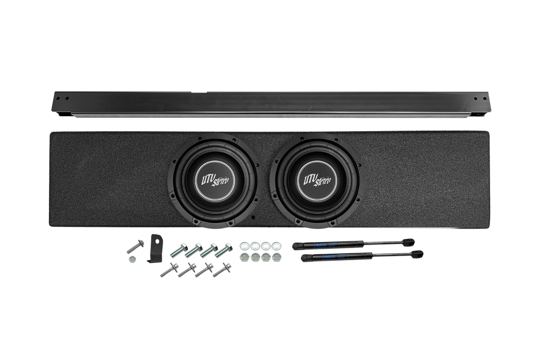 UTV Stereo dual subwoofer enclosure with mounting hardware and gas struts