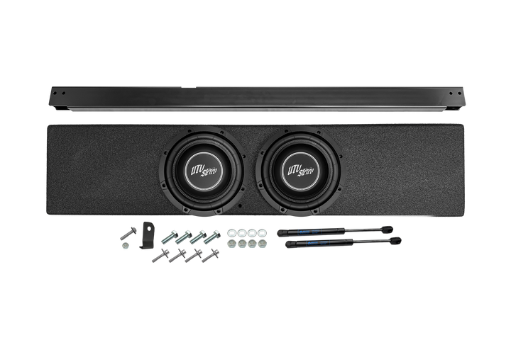 UTV Stereo dual subwoofer enclosure with mounting hardware and gas struts
