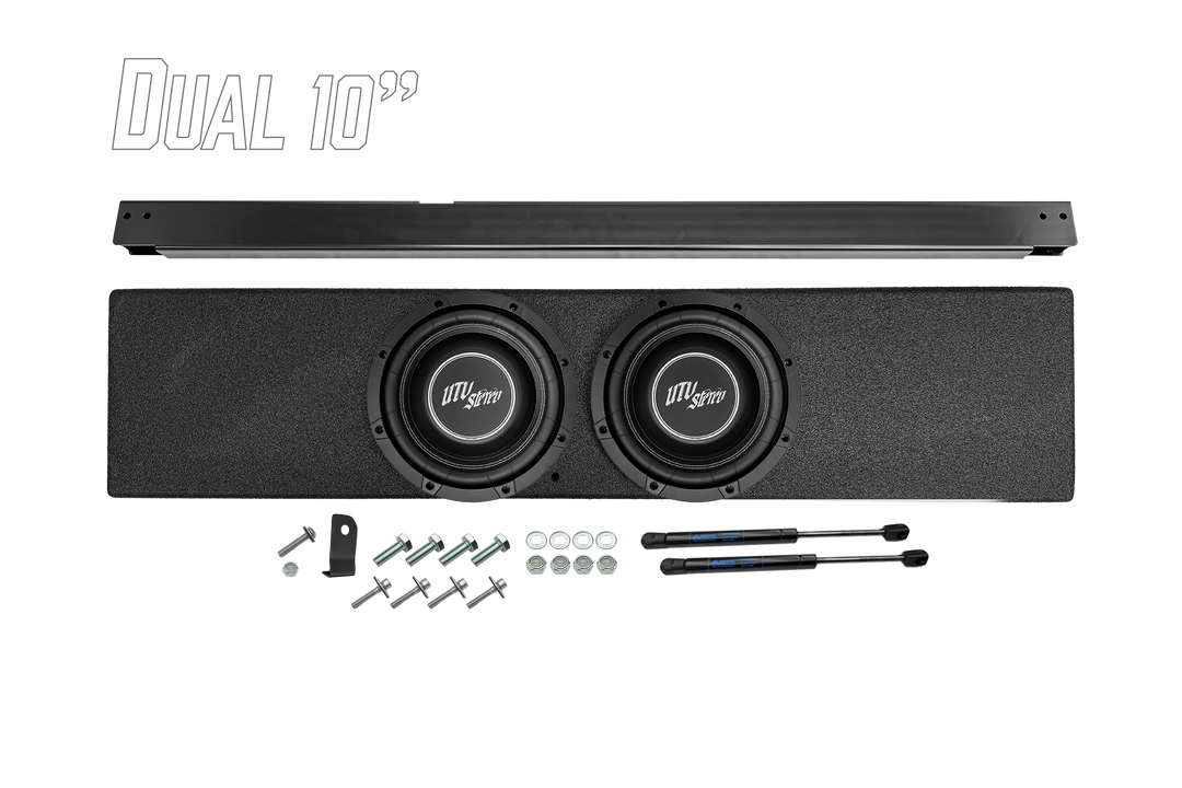 UTV Stereo dual 10 inch subwoofer enclosure kit with mounting hardware and gas struts