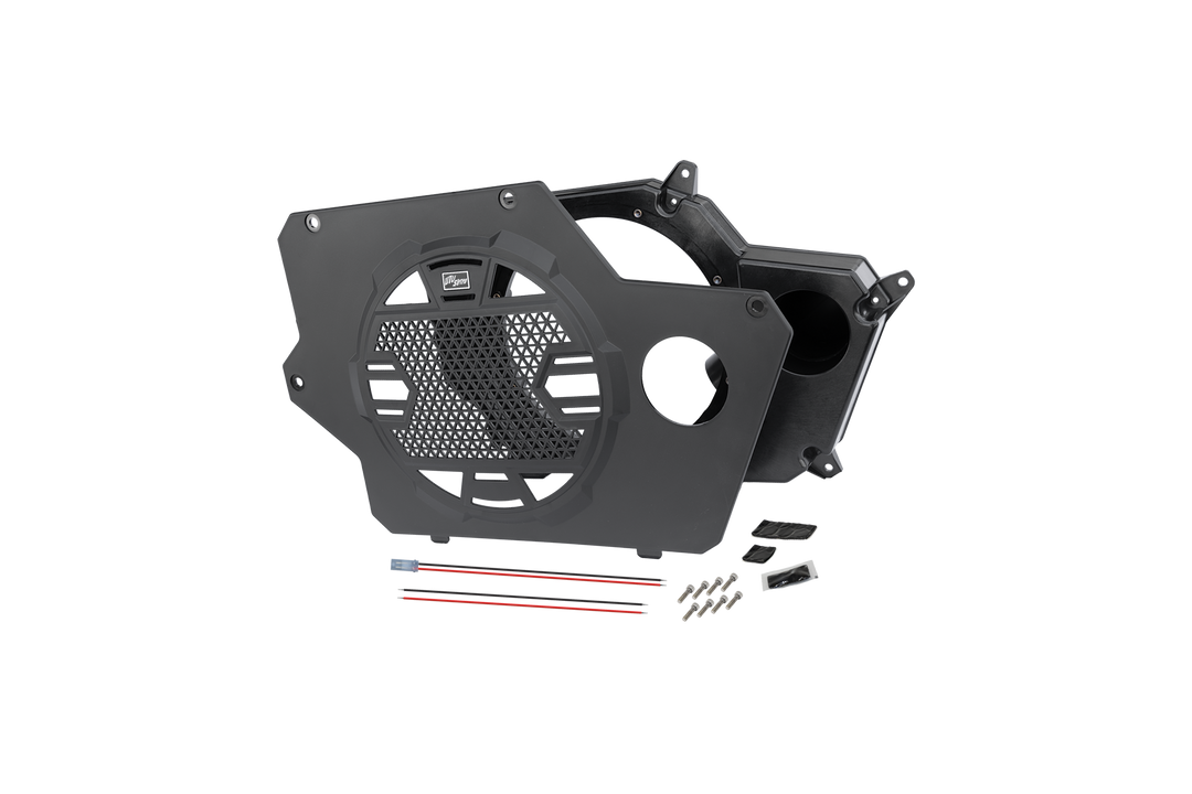 UTV Stereo black speaker enclosure with mounting hardware and wiring