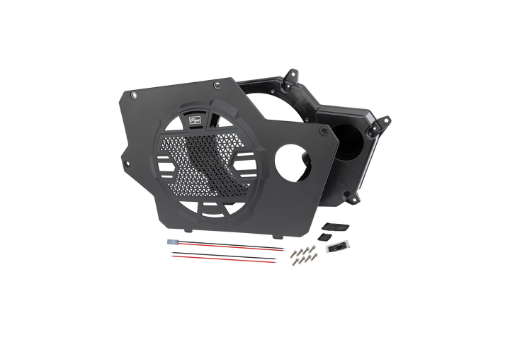 UTV Stereo black speaker enclosure with mounting hardware and wiring