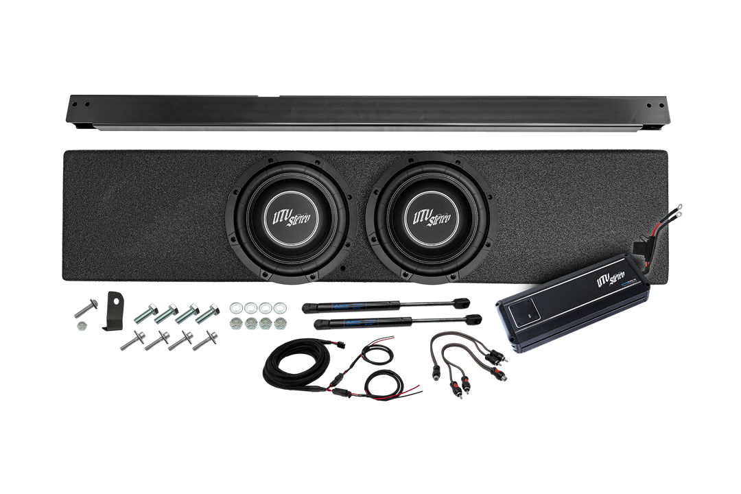 UTV Stereo dual subwoofer enclosure with amplifier and installation hardware
