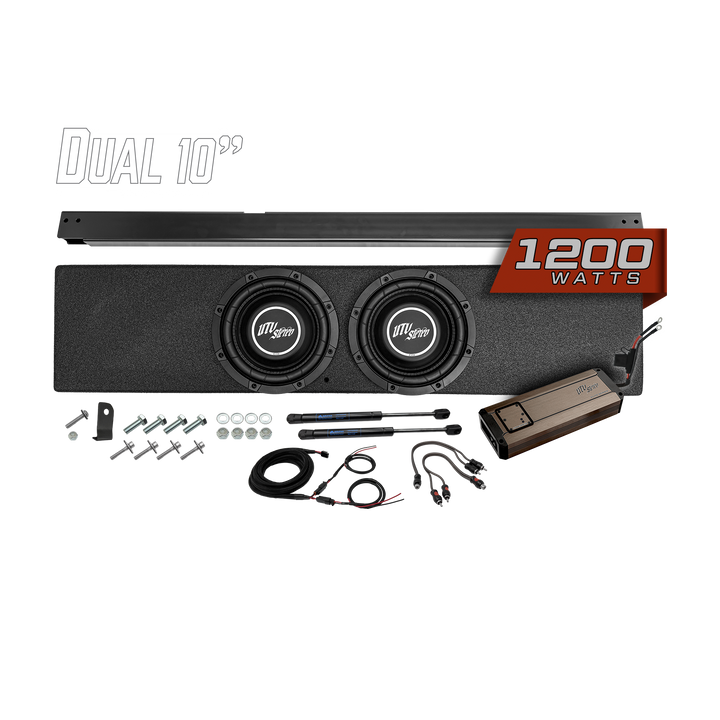 UTV Stereo dual 10 inch subwoofer enclosure with 1200 watt amplifier and installation hardware