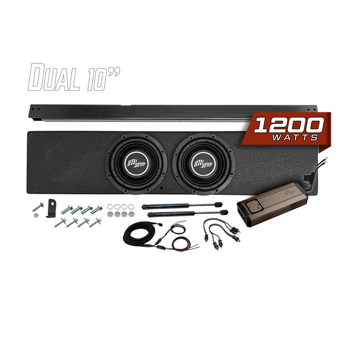UTV Stereo dual 10 inch subwoofer enclosure kit with 1200 watt amplifier and installation hardware