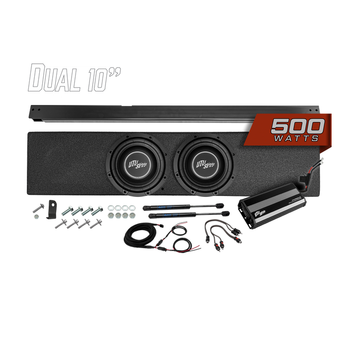 UTV Stereo dual 10 inch subwoofer enclosure kit with 500 watt amplifier and installation hardware