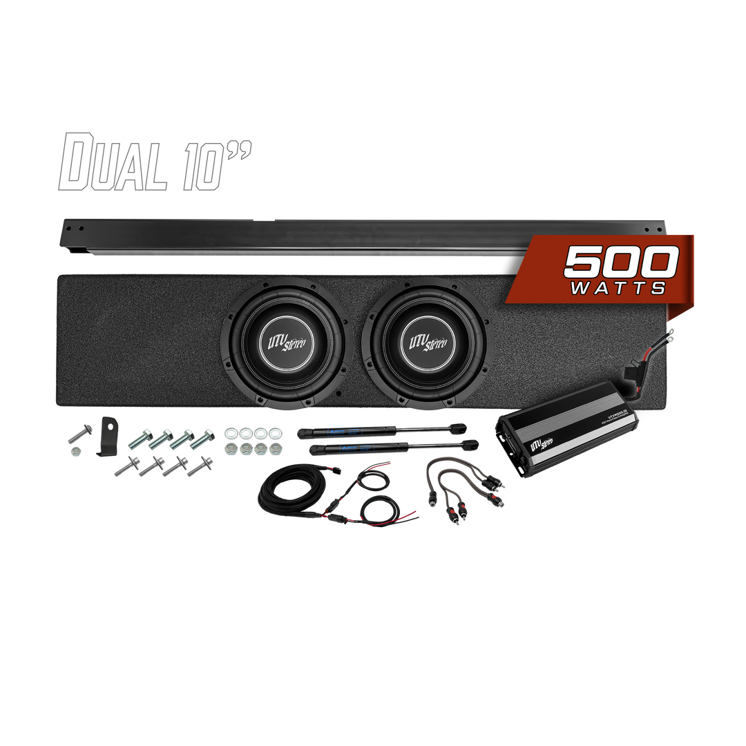 UTV Stereo dual 10 inch subwoofer enclosure kit with 500 watt amplifier and installation hardware