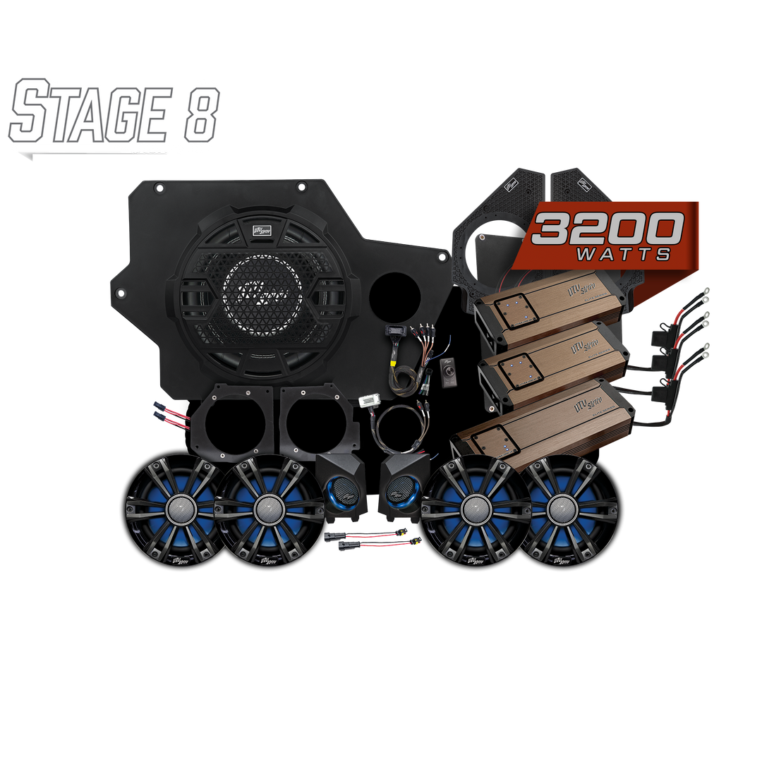 UTV Stereo Stage 8 audio system with subwoofer, speakers, amplifiers, and wiring components
