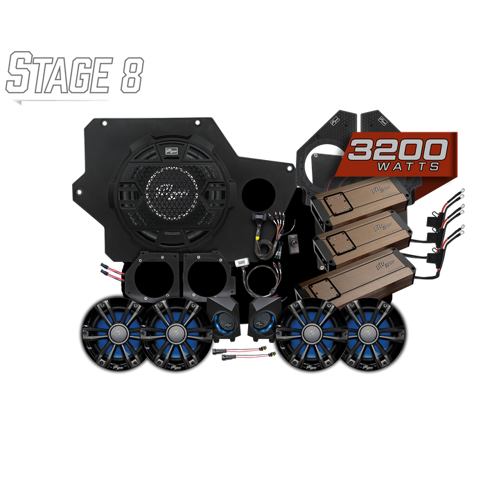 UTV Stereo Stage 8 audio system with subwoofer, speakers, amplifiers, and wiring components