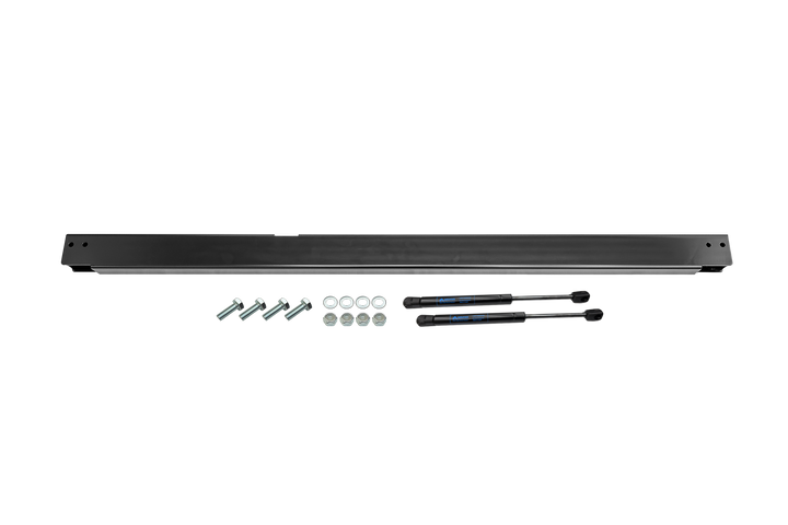Black metal support bar with four bolts four nuts and two gas struts