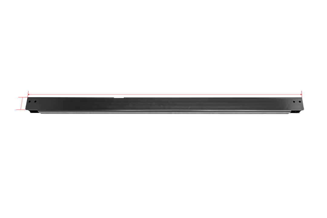 Black metal support rail with red dimension lines indicating length and height