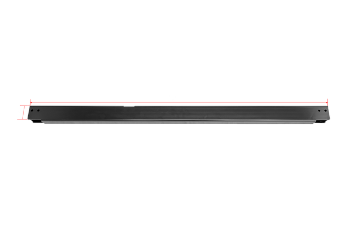 Black metal support rail with red dimension lines indicating length and height
