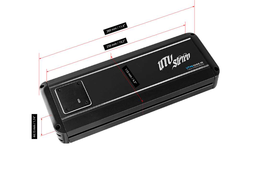 UTV Stereo UTVS1000.1D Class-D monoblock amplifier with dimension measurements in millimeters and inches