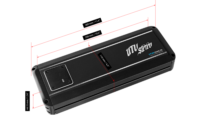 UTV Stereo UTVS1000.1D Class-D monoblock amplifier with dimension measurements in millimeters and inches