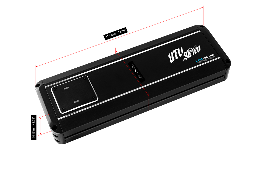 UTV Stereo UTVS 1000.5D digital amplifier with dimensions labeled in millimeters and inches