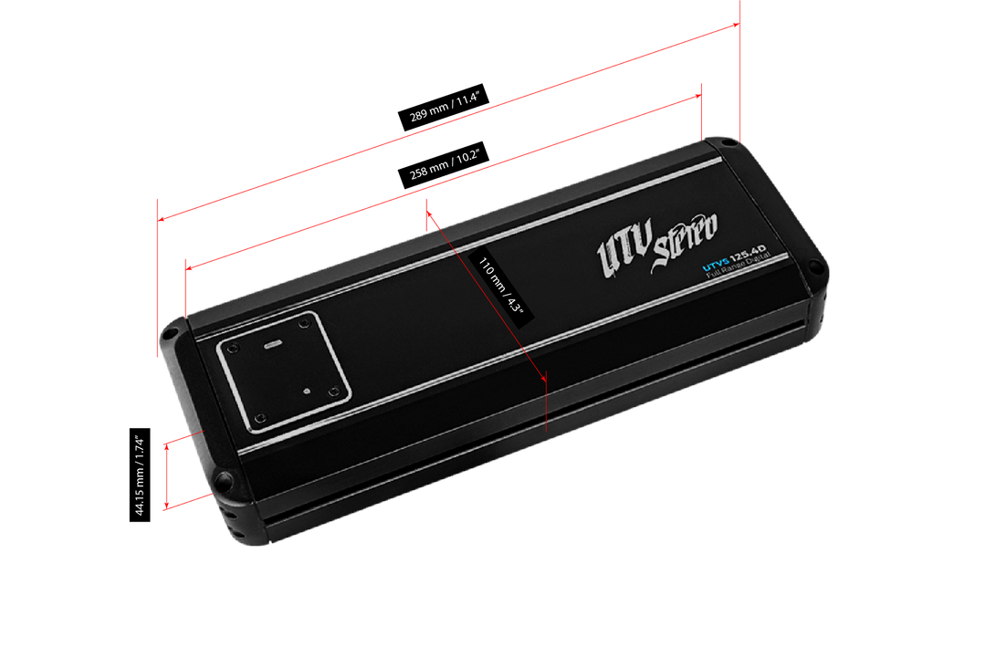 UTV Stereo 125.4D amplifier with technical dimension labels in millimeters and inches
