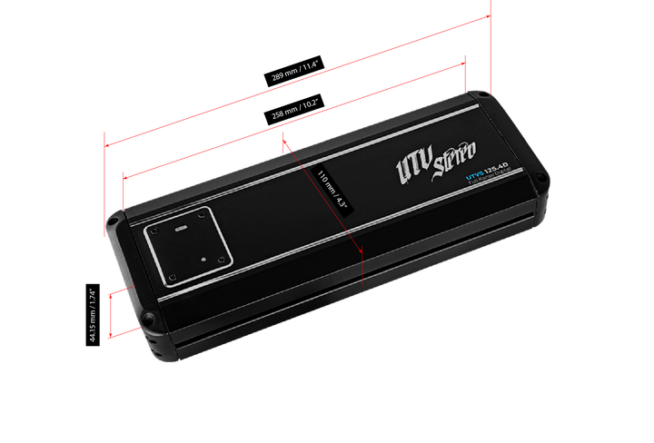 UTV Stereo 125.4D amplifier with technical dimension labels in millimeters and inches