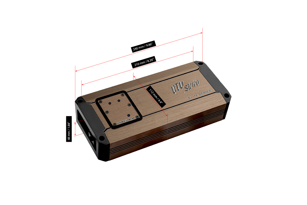 UTV Stereo Elite Series amplifier with technical dimension labels