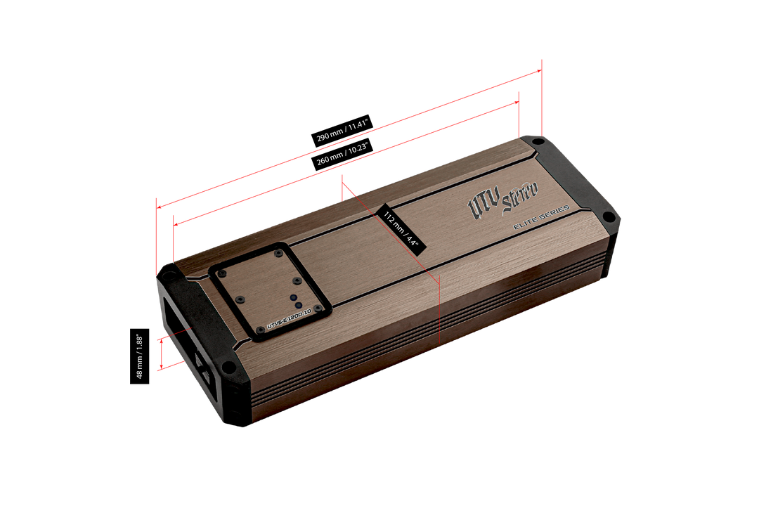 UTV Stereo Elite Series amplifier with technical dimension labels in millimeters and inches