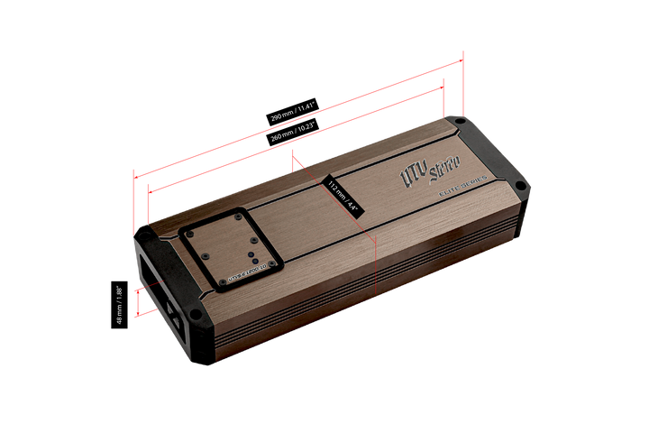UTV Stereo Elite Series amplifier with technical dimension labels in millimeters and inches