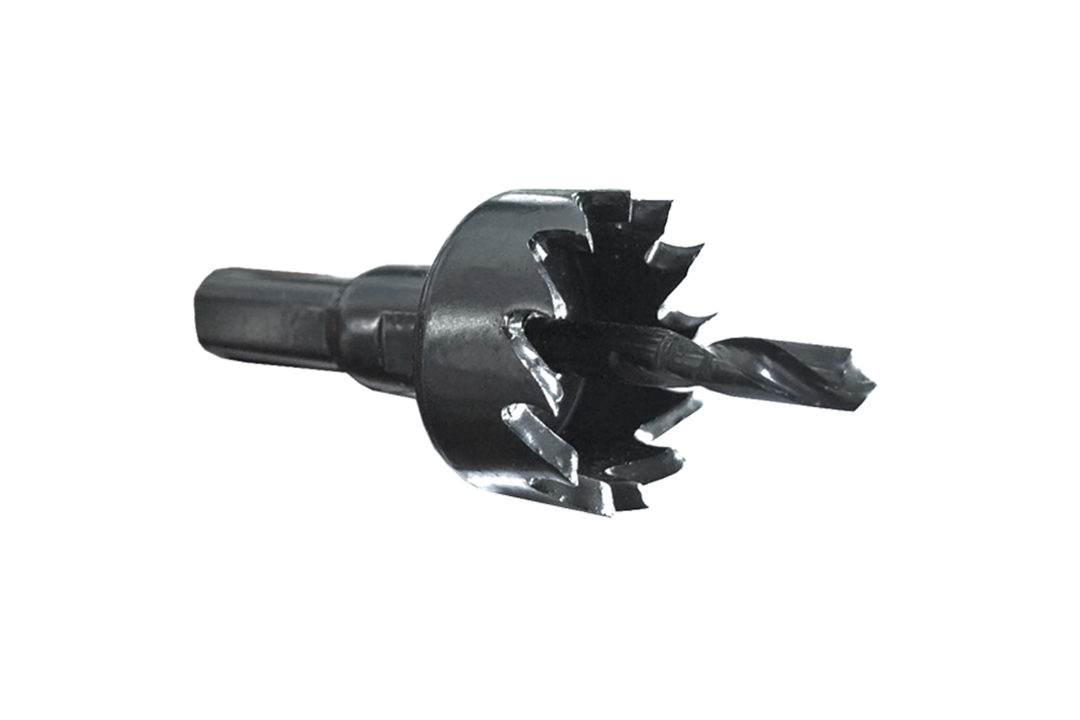 Black metal hole saw drill bit with pilot drill
