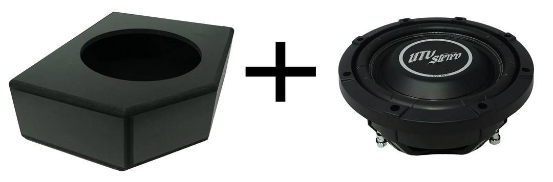 Empty black subwoofer enclosure and UTV Stereo Low Pro subwoofer