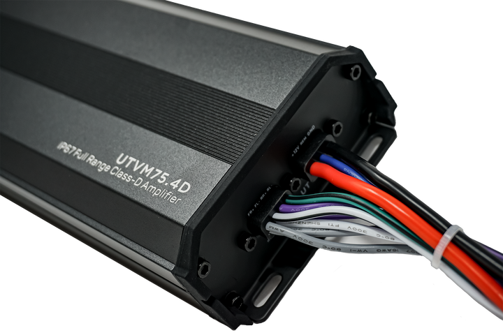 UTVM75 4D full range class D amplifier with connected wiring harness