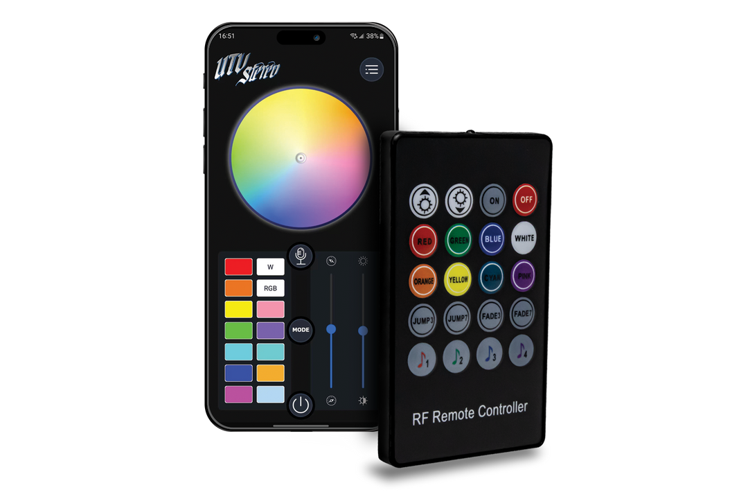 UTV Stereo smartphone app interface and handheld RF remote controller for LED lighting