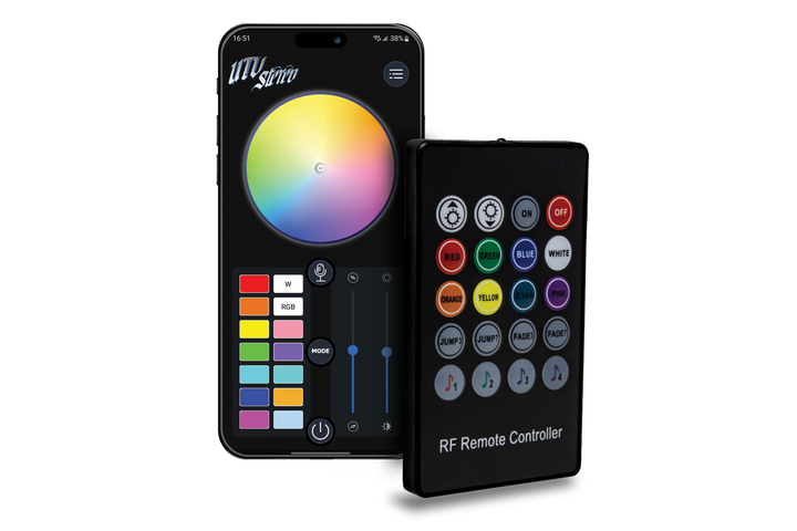 UTV Stereo smartphone app interface and handheld RF remote controller for LED lighting