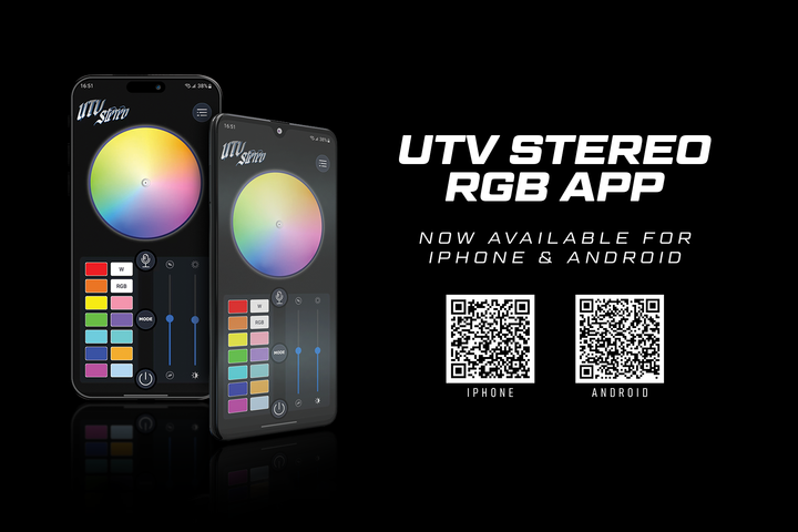 UTV Stereo RGB app interface on smartphones with QR codes for iPhone and Android download