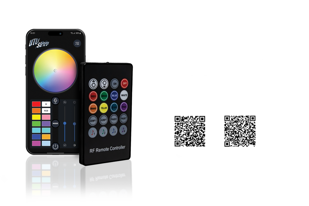 Smartphone app interface and RF remote controller for UTV Stereo lighting with two QR codes