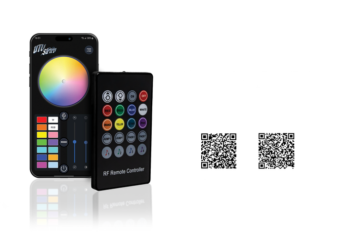 Smartphone app interface and RF remote controller for UTV Stereo lighting with two QR codes