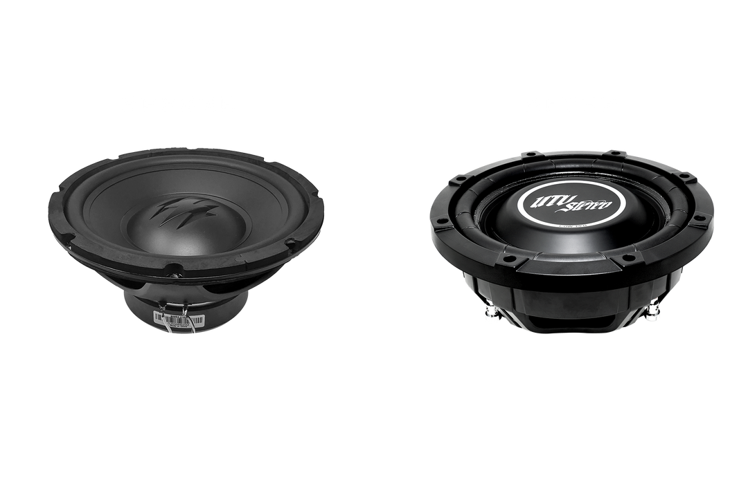 Two UTV Stereo low profile subwoofers shown from front and back angles