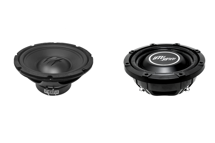 Two UTV Stereo low profile subwoofers shown from front and back angles