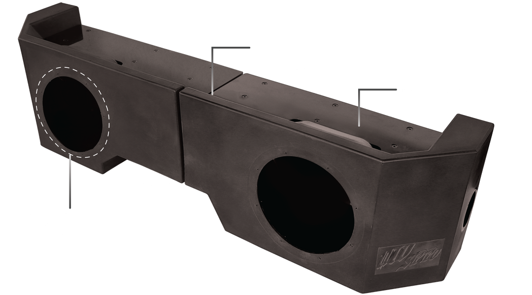 UTV Stereo black subwoofer enclosure with two speaker cutouts