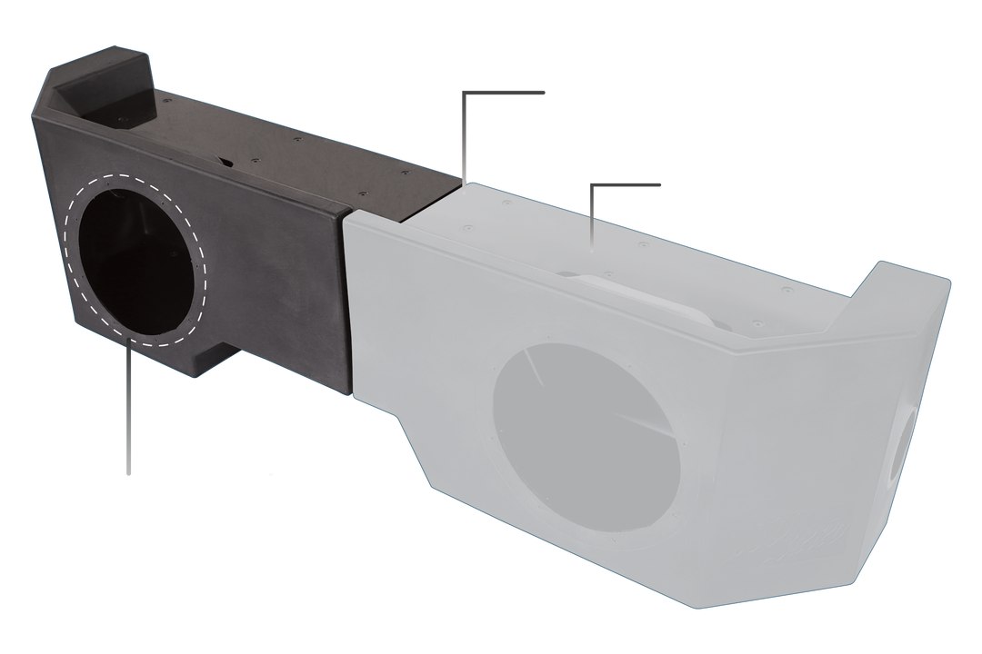 Dual subwoofer enclosure with callout lines indicating mounting points