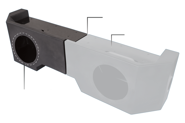 Dual subwoofer enclosure with callout lines indicating mounting points