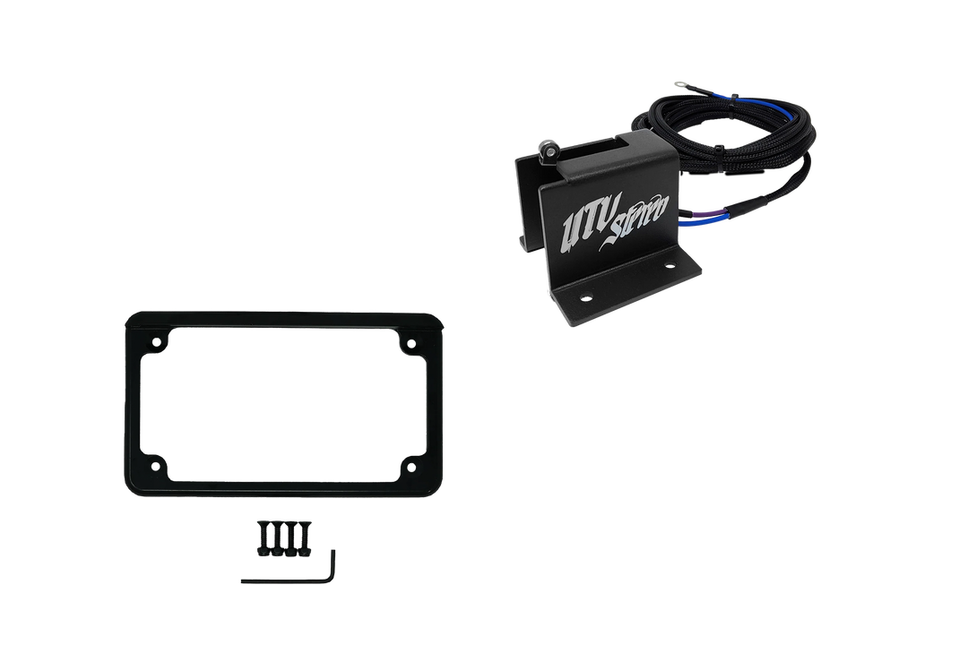 UTV Stereo license plate mount with wiring harness and black frame with mounting hardware